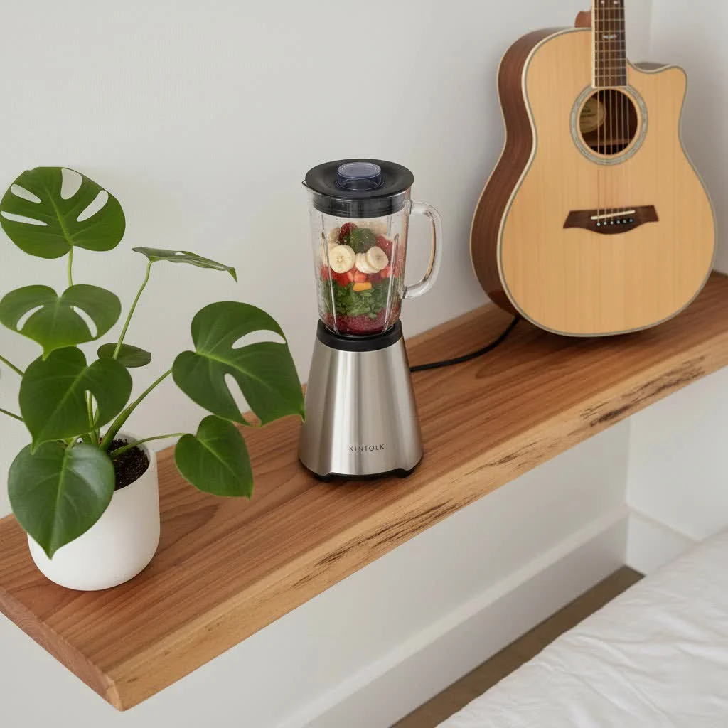 Glass blender and food processor combo on a kitchen counter
