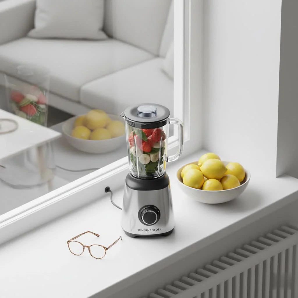 High-speed blender processing ingredients in a kitchen