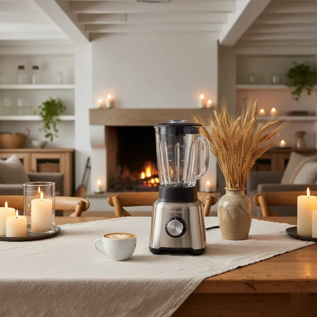 Blender with food processor attachment on a kitchen counter