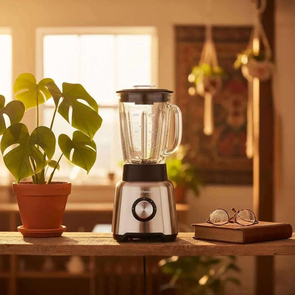 Portable food blender with a smoothie in a travel cup